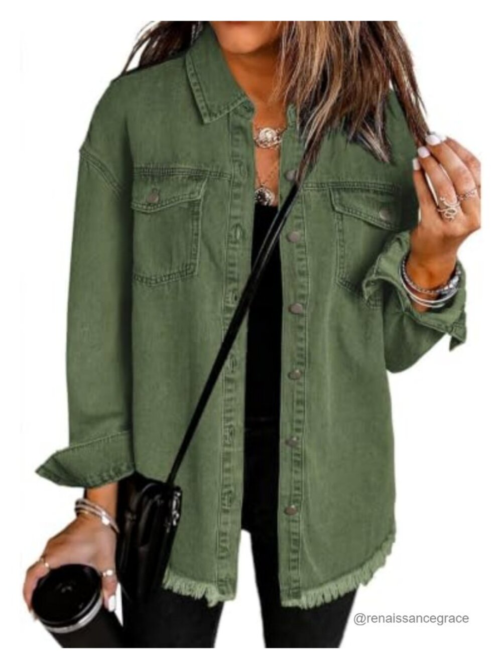 Oversized Button Up Frayed Hem Denim Shacket Long Sleeve Jean Jacket